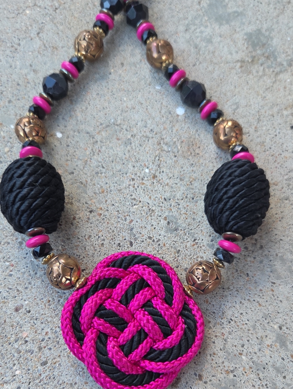 Handmade Black & Hot Pink Knot Pendant Necklace